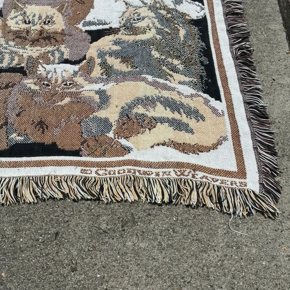 VTG Goodwin Weavers Cat Tapestry Blanket Woven Cotton Throw 